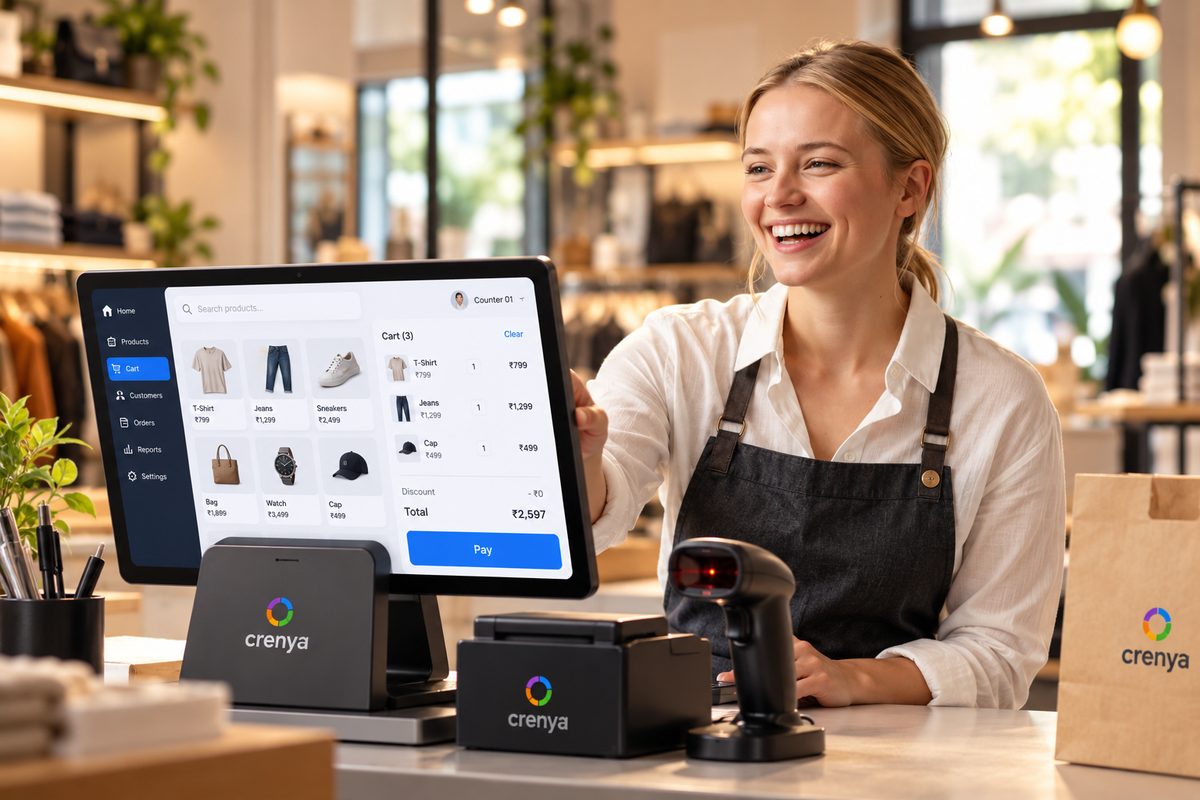 A smiling cashier at a shop counter with the crenya pos screen, a receipt printer and a barcode scanner